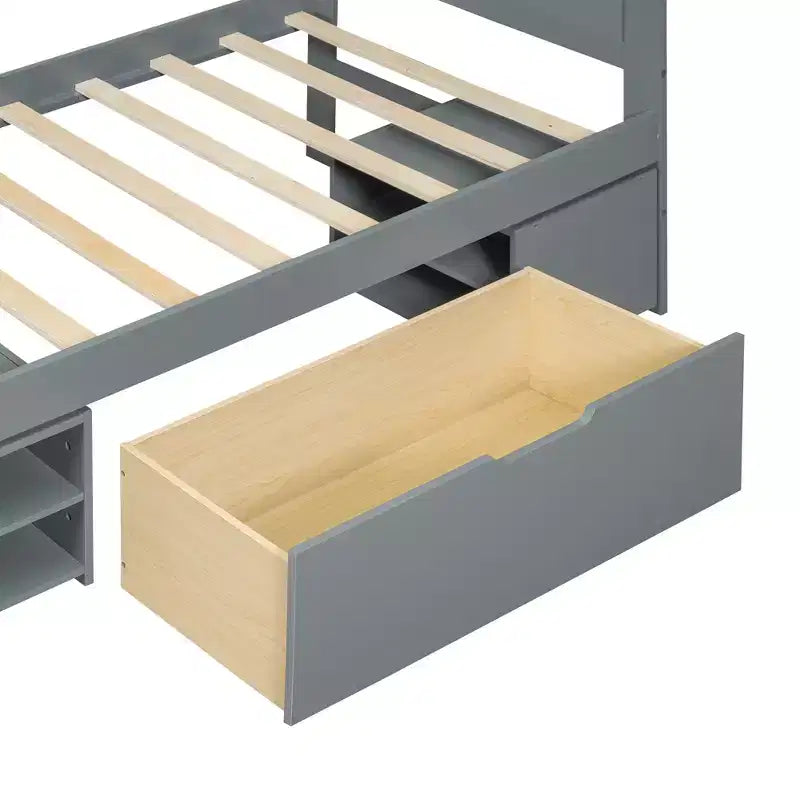 Letto a piattaforma in legno per letto singolo/matrimoniale con cassetto e due ripiani 4O