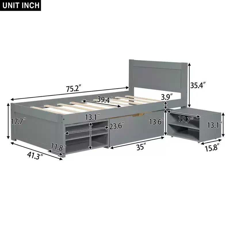 Letto a piattaforma in legno per letto singolo/matrimoniale con cassetto e due ripiani 4O