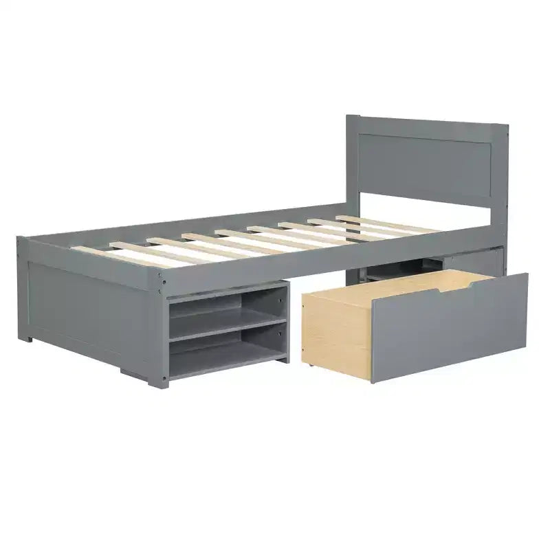Letto a piattaforma in legno per letto singolo/matrimoniale con cassetto e due ripiani 4O