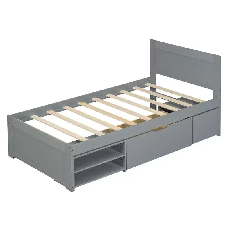 Letto a piattaforma in legno per letto singolo/matrimoniale con cassetto e due ripiani 4O