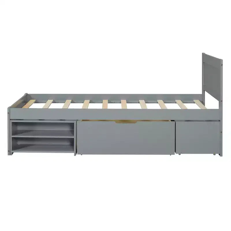 Letto a piattaforma in legno per letto singolo/matrimoniale con cassetto e due ripiani 4O