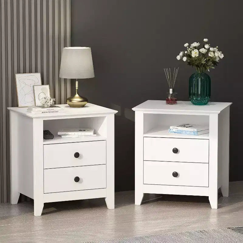 Comodino Bianco 2 Cassetti 1 Ripiano Aperto Tavolino Laterale Design Moderno