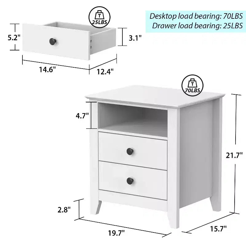 Comodino Bianco 2 Cassetti 1 Ripiano Aperto Tavolino Laterale Design Moderno