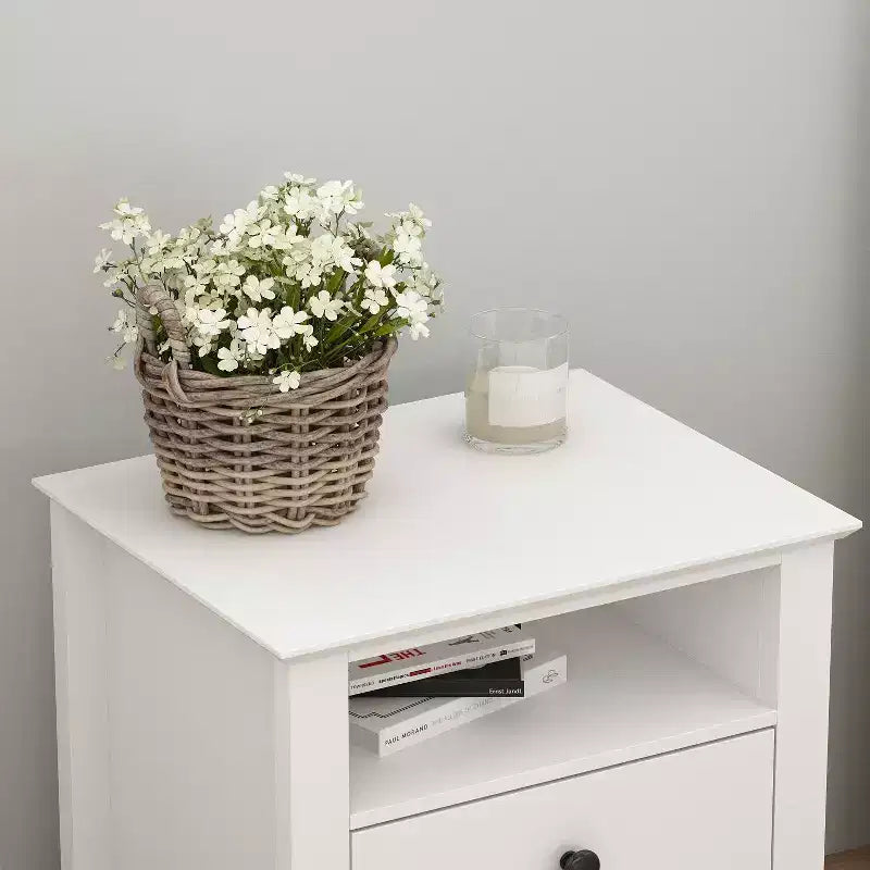 Comodino Bianco 2 Cassetti 1 Ripiano Aperto Tavolino Laterale Design Moderno
