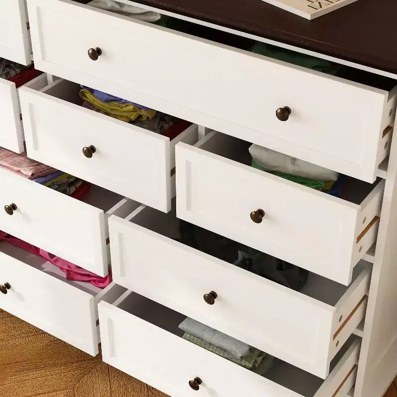 Comò orizzontale grande bianco a 12 cassetti con piano color rovere