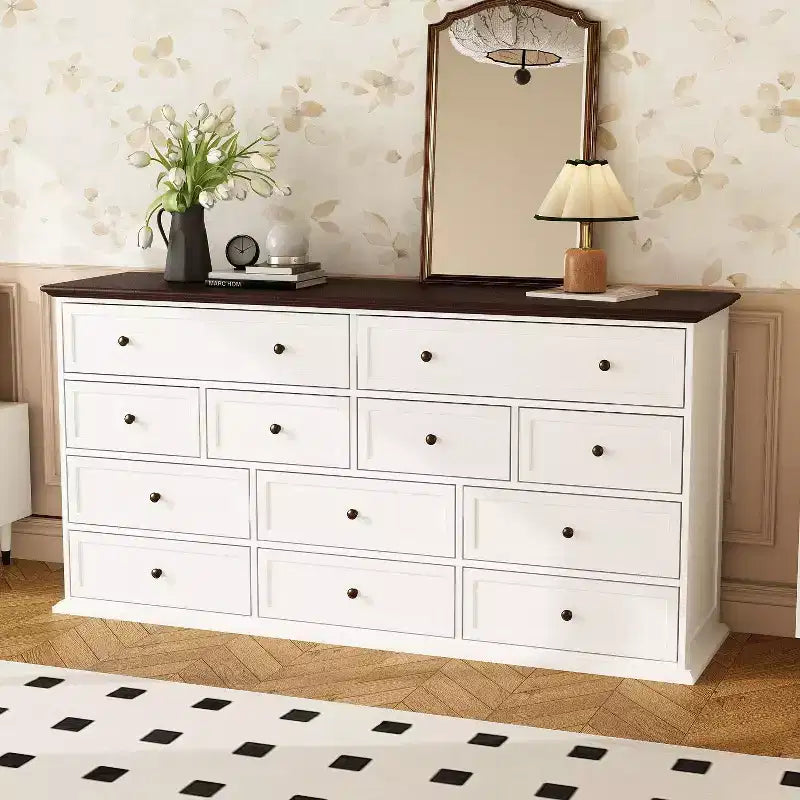 Comò orizzontale grande bianco a 12 cassetti con piano color rovere