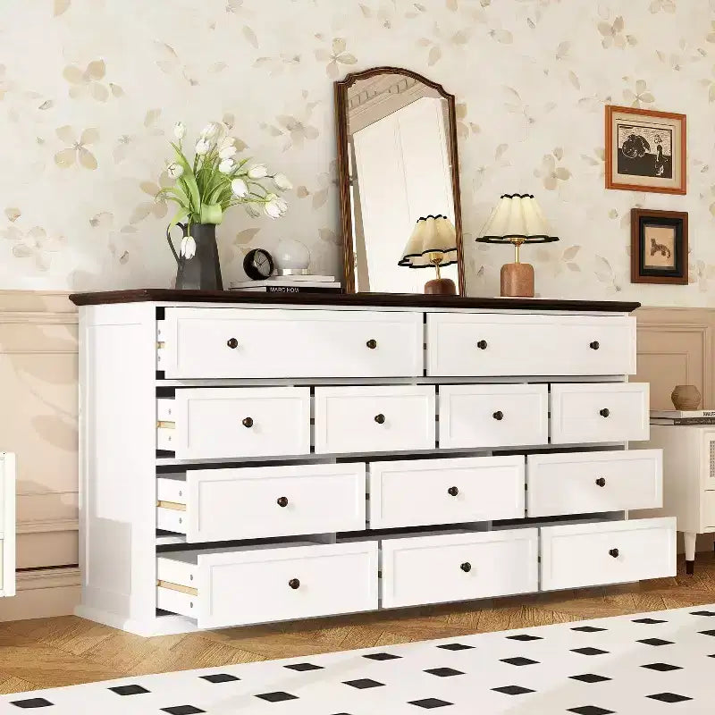 Comò orizzontale grande bianco a 12 cassetti con piano color rovere