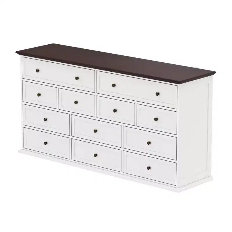 Comò orizzontale grande bianco a 12 cassetti con piano color rovere