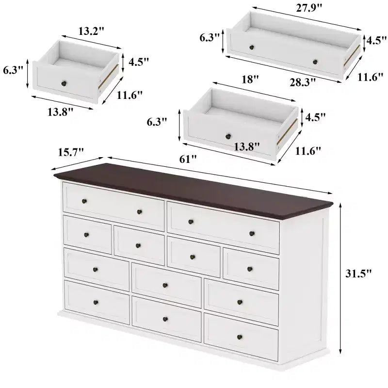 Comò orizzontale grande bianco a 12 cassetti con piano color rovere
