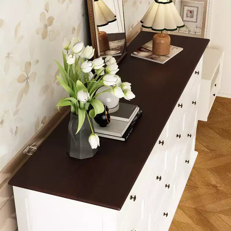 Comò orizzontale grande bianco a 12 cassetti con piano color rovere