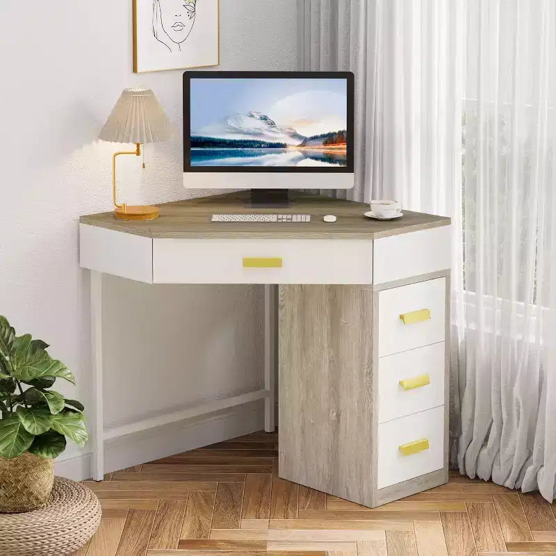 Scrivania ad angolo, scrivania per computer triangolare con 3 cassetti per ufficio domestico, scrivania da trucco a 90 gradi per soggiorno, camera da letto