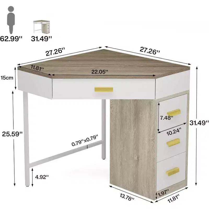 Scrivania ad angolo, scrivania per computer triangolare con 3 cassetti per ufficio domestico, scrivania da trucco a 90 gradi per soggiorno, camera da letto