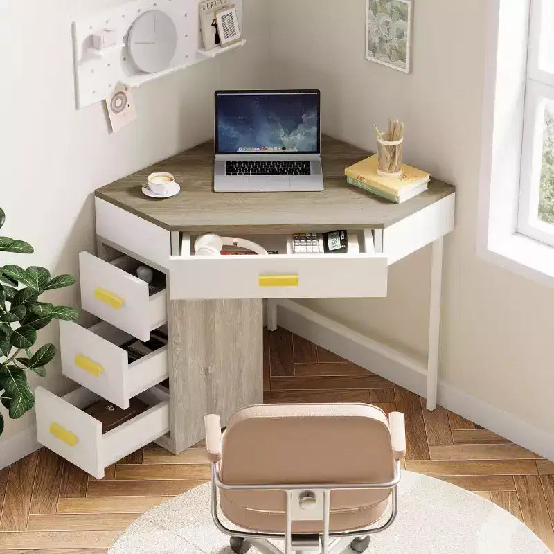 Scrivania ad angolo, scrivania per computer triangolare con 3 cassetti per ufficio domestico, scrivania da trucco a 90 gradi per soggiorno, camera da letto