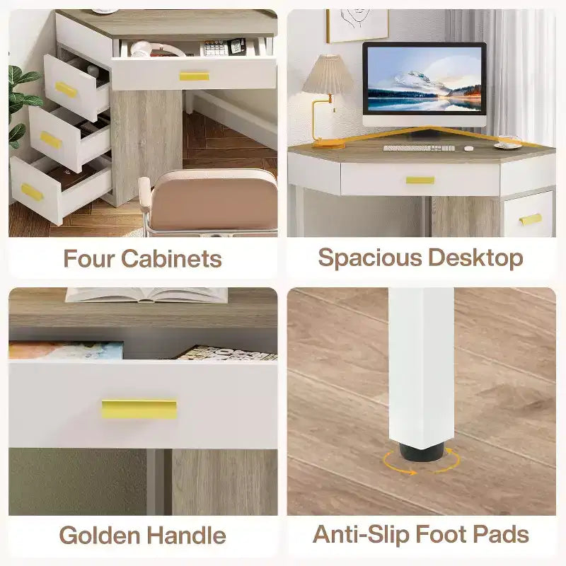Scrivania ad angolo, scrivania per computer triangolare con 3 cassetti per ufficio domestico, scrivania da trucco a 90 gradi per soggiorno, camera da letto