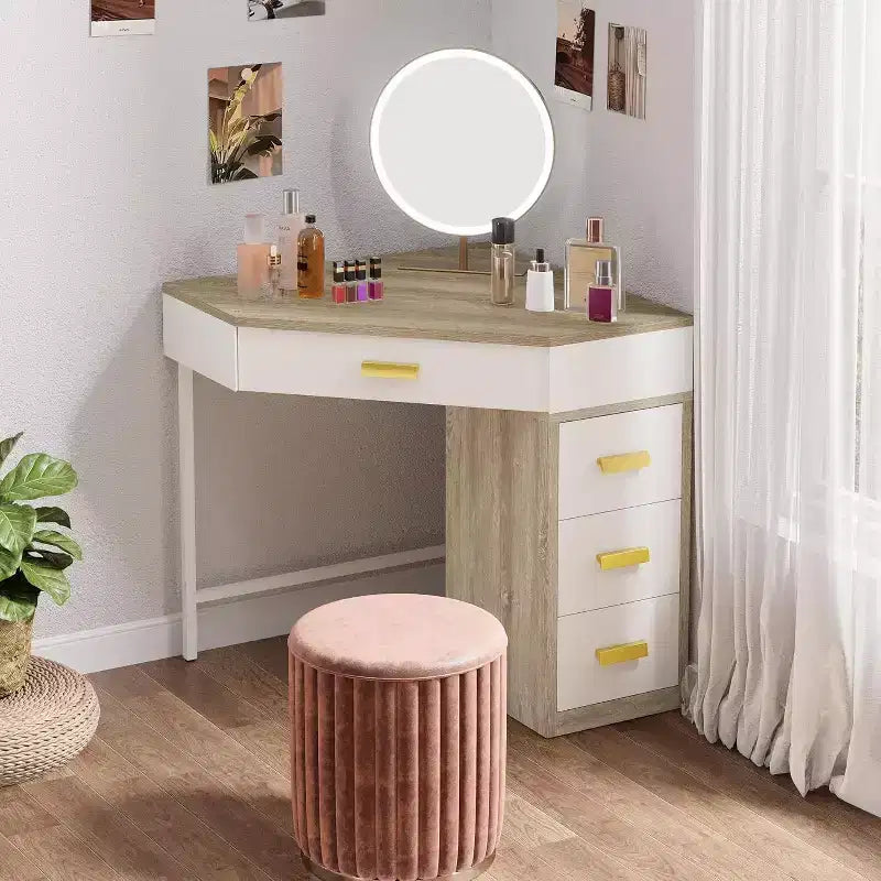 Scrivania ad angolo, scrivania per computer triangolare con 3 cassetti per ufficio domestico, scrivania da trucco a 90 gradi per soggiorno, camera da letto