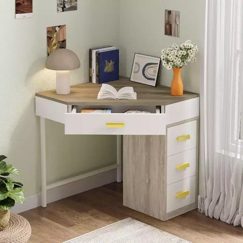 Scrivania ad angolo, scrivania per computer triangolare con 3 cassetti per ufficio domestico, scrivania da trucco a 90 gradi per soggiorno, camera da letto