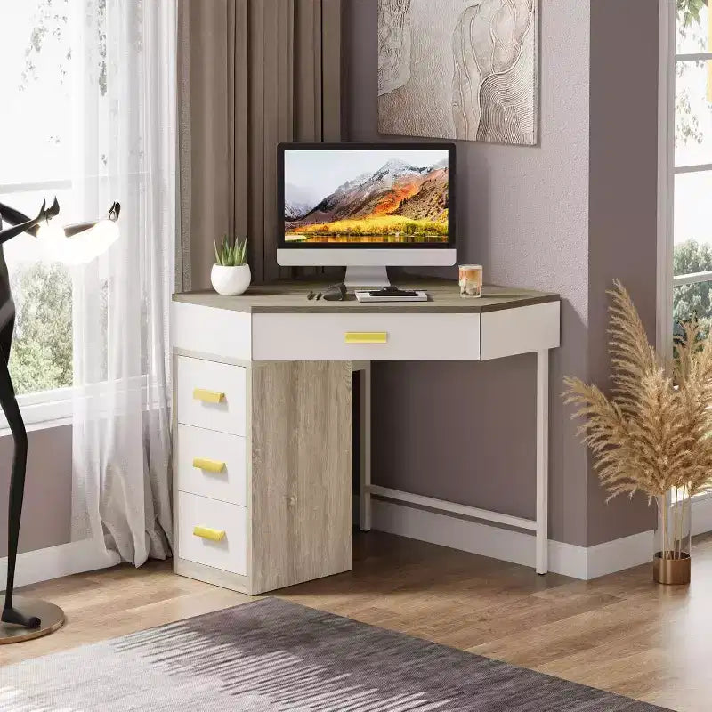 Scrivania ad angolo, scrivania per computer triangolare con 3 cassetti per ufficio domestico, scrivania da trucco a 90 gradi per soggiorno, camera da letto