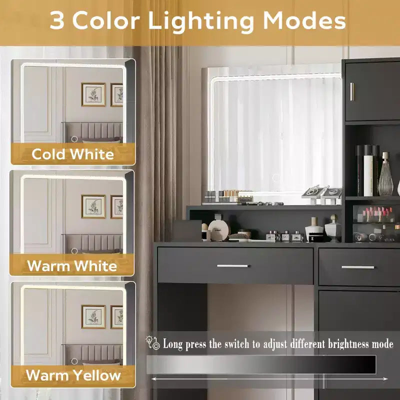 Toeletta con specchio e striscia luminosa a LED, tavolo da trucco con cassetti, cassettiera portaoggetti a 3 livelli, 3 modalità di illuminazione