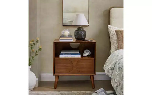 JVNOXK Mid-century modern-style recessed nightstand with open storage and drawers, featuring power outlets and four solid wood legs, walnut finish