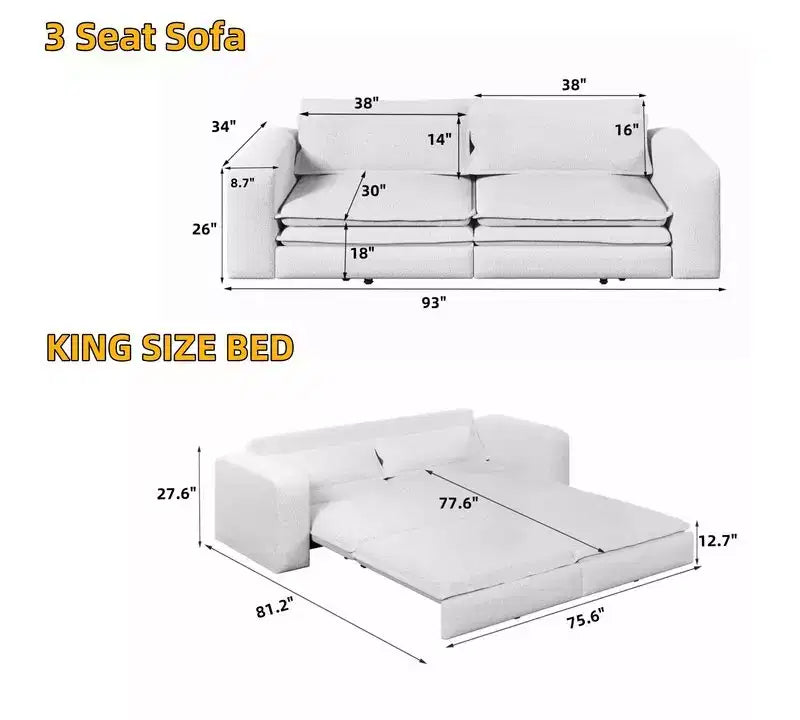 Divano Letto Estraibile King Size, Divano Letto Convertibile 3-in-1 in Teddy con 2 Cuscini Lombari