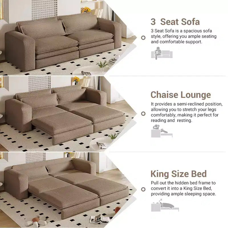 Divano Letto Estraibile King Size, Divano Letto Convertibile 3-in-1 in Teddy con 2 Cuscini Lombari