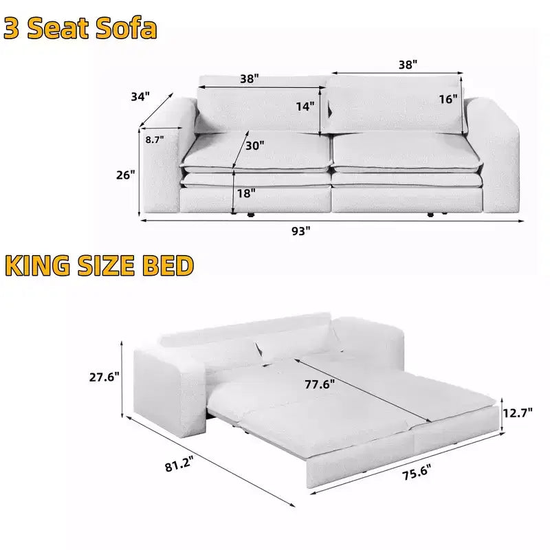 Divano Letto Estraibile King Size, Divano Letto Convertibile 3-in-1 in Teddy con 2 Cuscini Lombari
