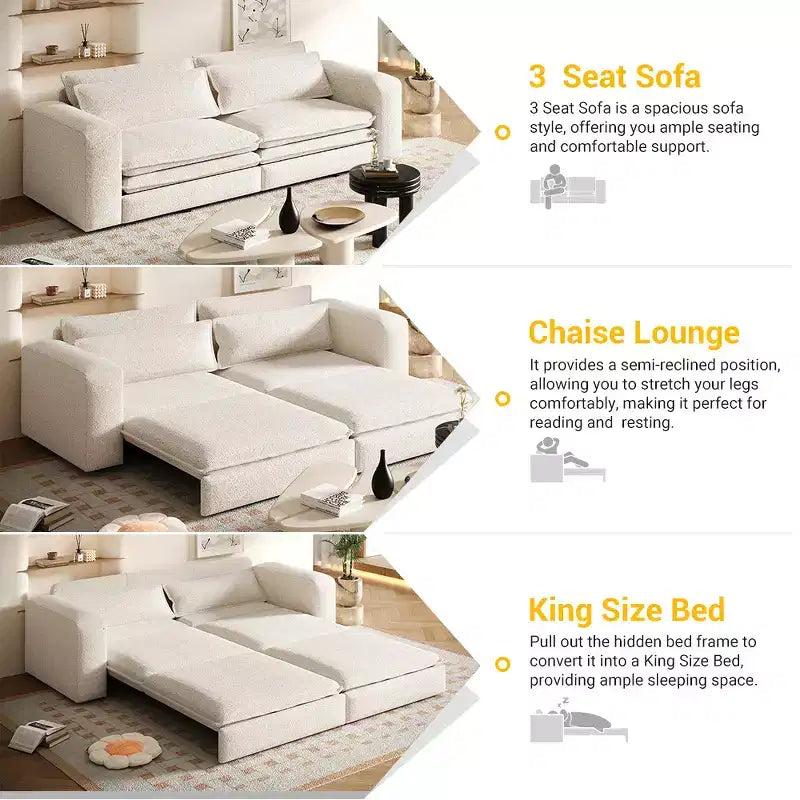 Divano Letto Estraibile King Size, Divano Letto Convertibile 3-in-1 in Teddy con 2 Cuscini Lombari