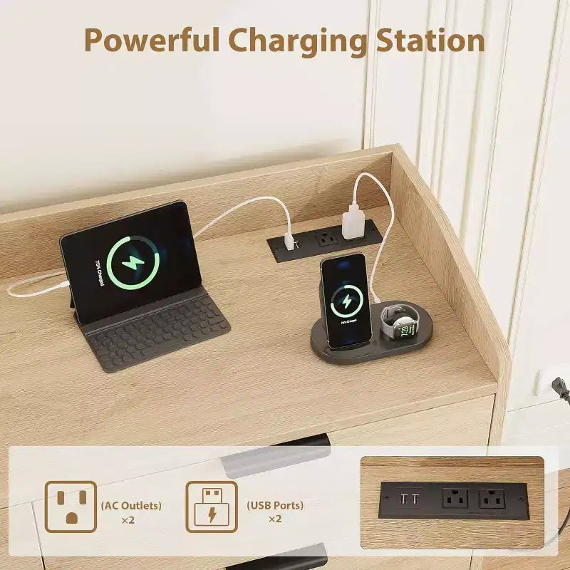 Cassettiera per Camera da Letto, Cassettiera Larga 120 cm con Prese di Corrente, Cassettiera in Legno per Soggiorno