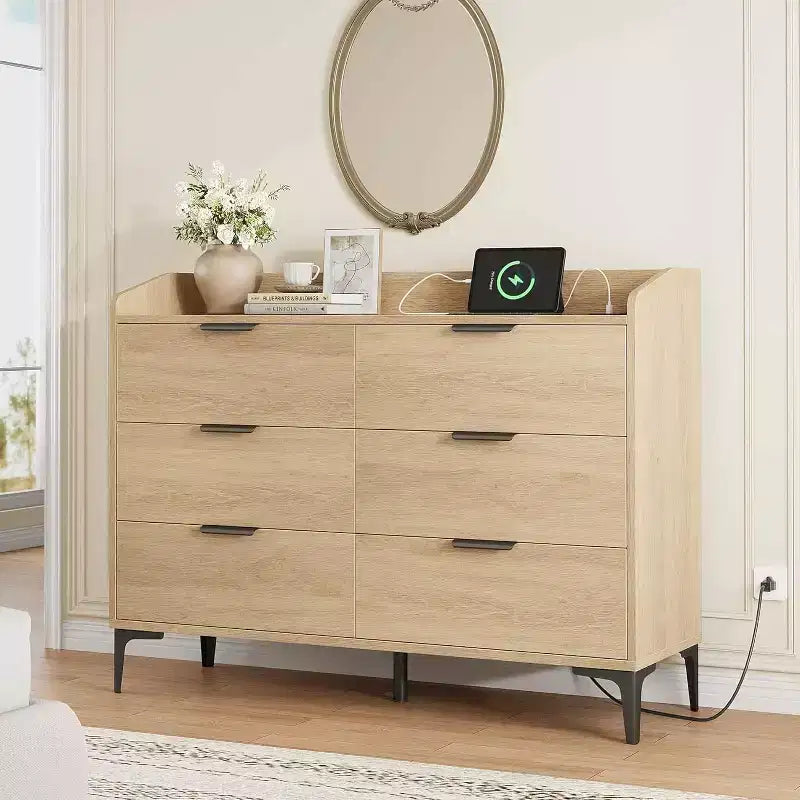 Cassettiera per Camera da Letto, Cassettiera Larga 120 cm con Prese di Corrente, Cassettiera in Legno per Soggiorno