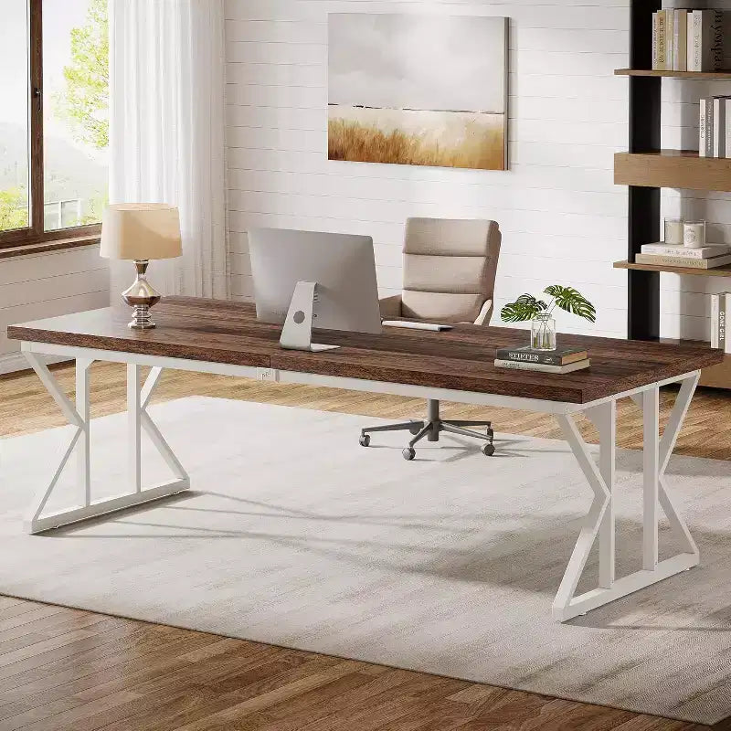 Ampia Scrivania Direzionale, Tavolo da Studio per Computer e Scrittura per Ufficio Domestico Industriale, Marrone Rustico Bianco