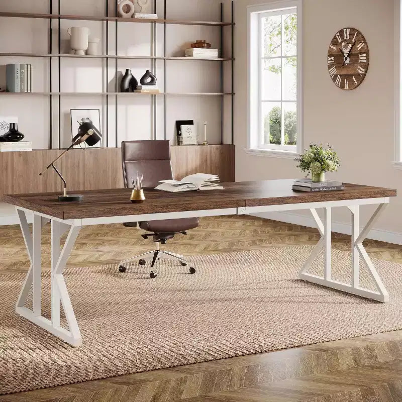 Ampia Scrivania Direzionale, Tavolo da Studio per Computer e Scrittura per Ufficio Domestico Industriale, Marrone Rustico Bianco