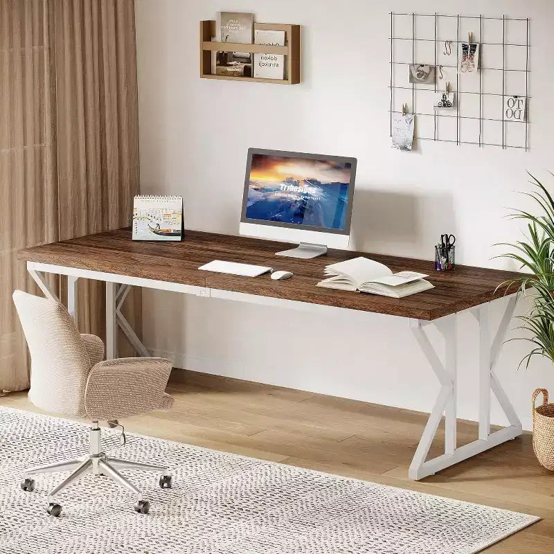 Ampia Scrivania Direzionale, Tavolo da Studio per Computer e Scrittura per Ufficio Domestico Industriale, Marrone Rustico Bianco