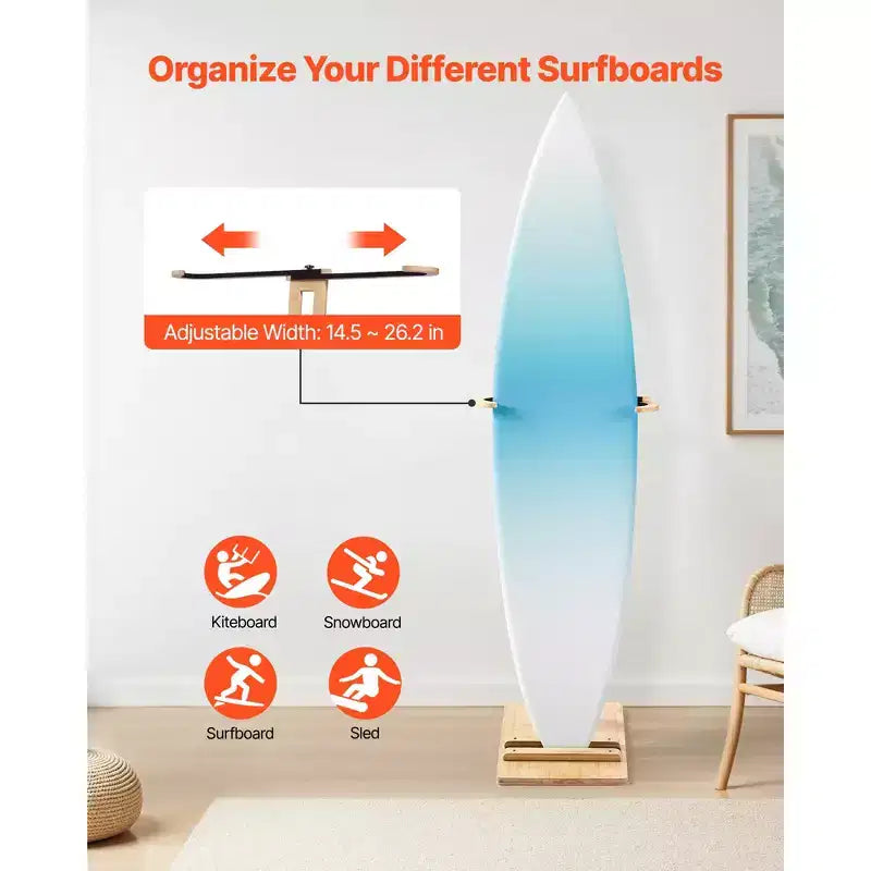 Supporto Verticale per Tavola da Surf, Porta Tavola da Surf in Legno per Conservazione ed Esposizione, Organizzatore per Tavola Regolabile e Autoportante, Colore Legno
