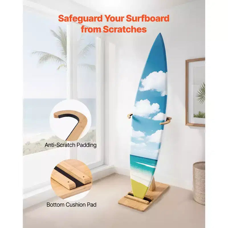 Supporto Verticale per Tavola da Surf, Porta Tavola da Surf in Legno per Conservazione ed Esposizione, Organizzatore per Tavola Regolabile e Autoportante, Colore Legno