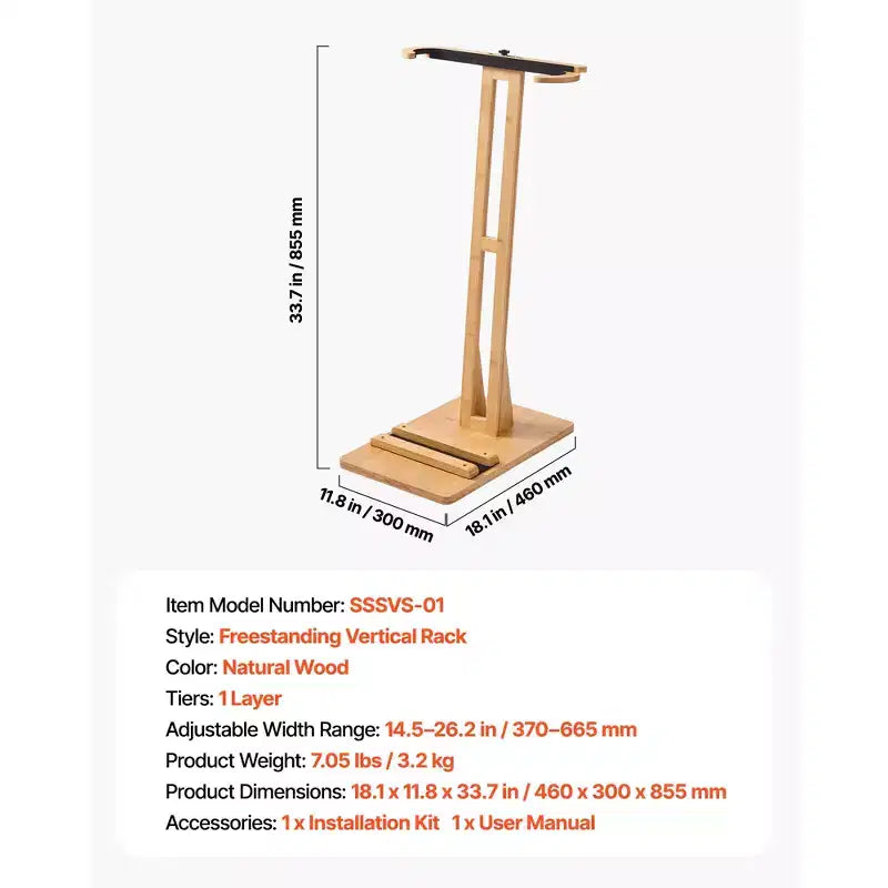 Supporto Verticale per Tavola da Surf, Porta Tavola da Surf in Legno per Conservazione ed Esposizione, Organizzatore per Tavola Regolabile e Autoportante, Colore Legno