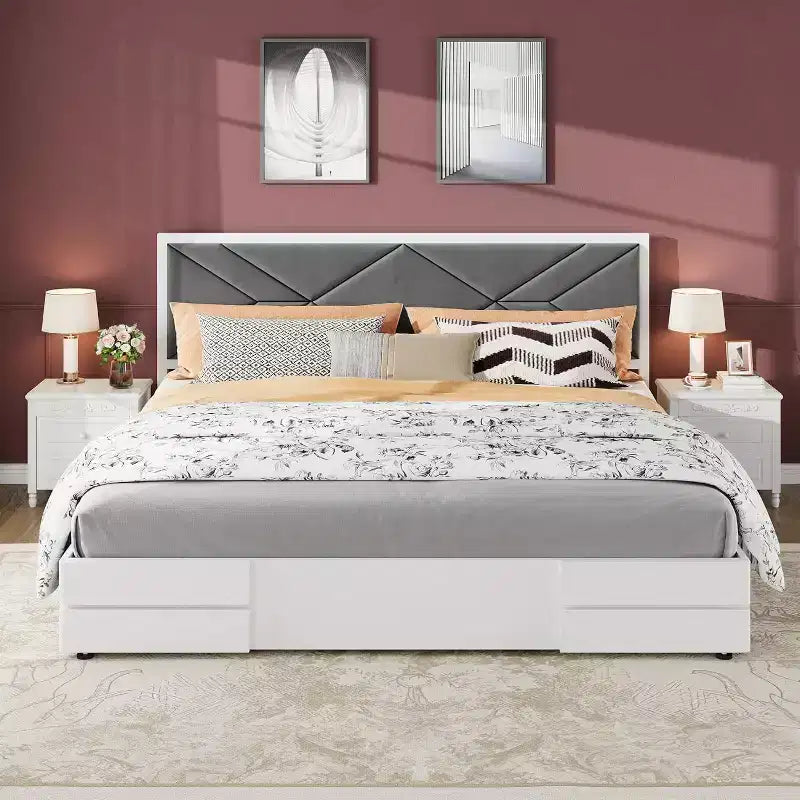 Struttura letto moderna imbottita capitonné, letto a piattaforma bianco con testiera per camera da letto o appartamento