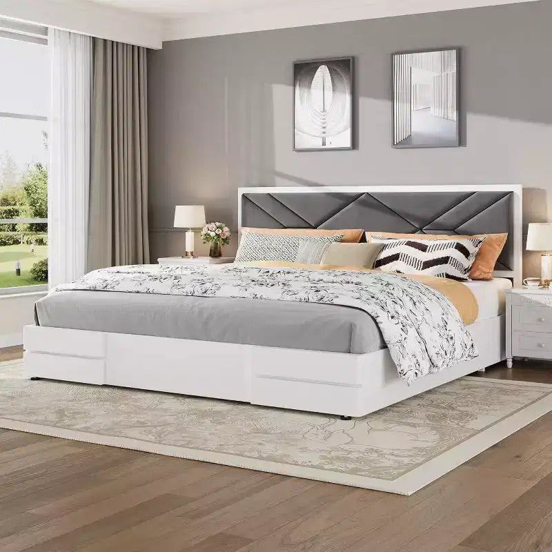 Struttura letto moderna imbottita capitonné, letto a piattaforma bianco con testiera per camera da letto o appartamento