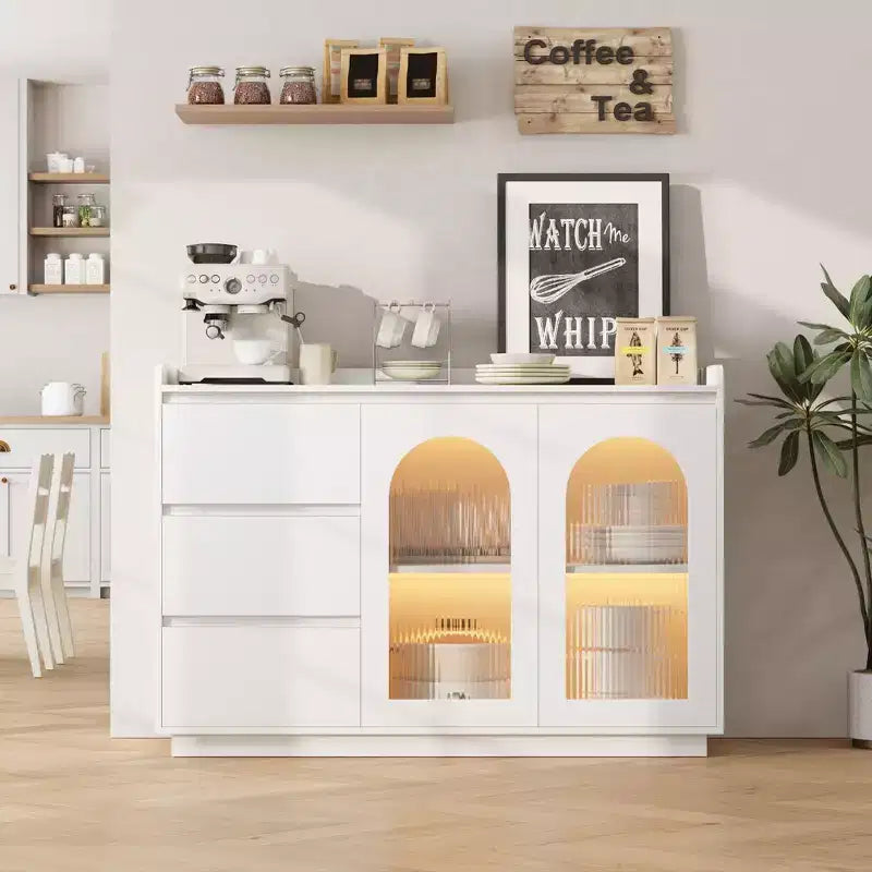 Credenza moderna per caffetteria con ante in vetro, 3 cassetti e illuminazione - Mobile buffet da cucina per sala da pranzo e soggiorno