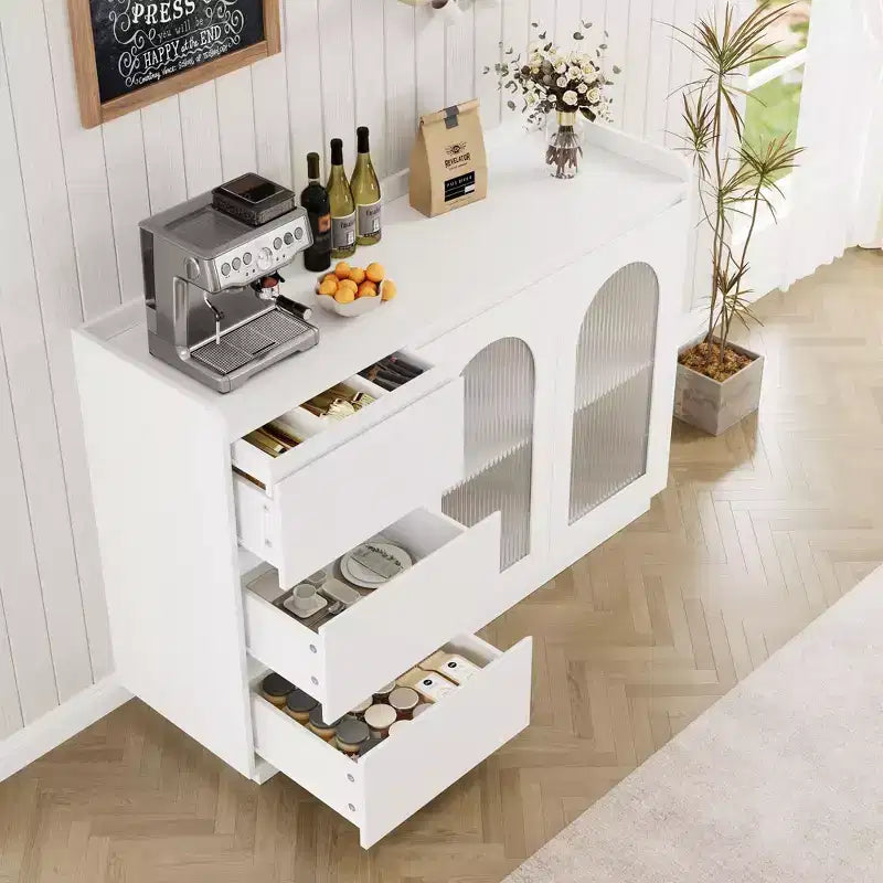 Credenza moderna per caffetteria con ante in vetro, 3 cassetti e illuminazione - Mobile buffet da cucina per sala da pranzo e soggiorno