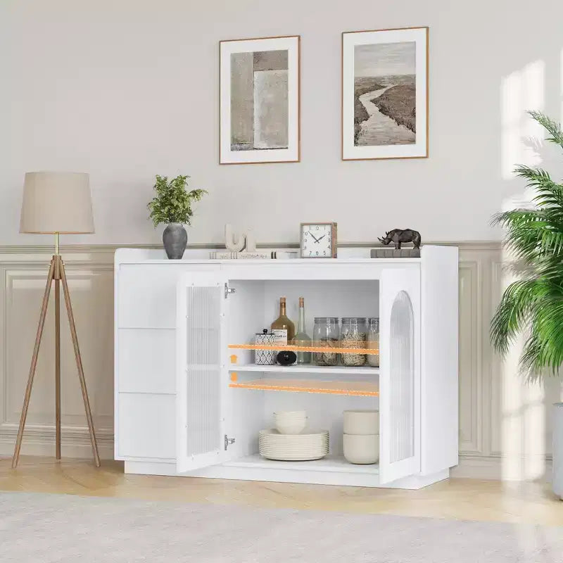 Credenza moderna per caffetteria con ante in vetro, 3 cassetti e illuminazione - Mobile buffet da cucina per sala da pranzo e soggiorno
