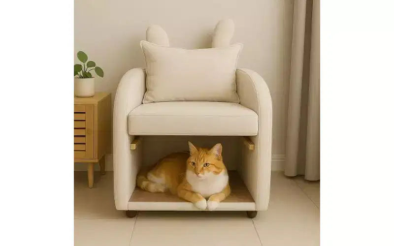 Poltrona a orecchie di coniglio per animali domestici con nascondiglio integrato per cani e gatti e tasche laterali, comoda poltrona-divano a doppio uso, beige