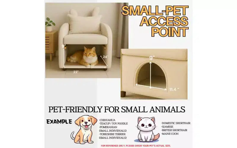 Poltrona a orecchie di coniglio per animali domestici con nascondiglio integrato per cani e gatti e tasche laterali, comoda poltrona-divano a doppio uso, beige