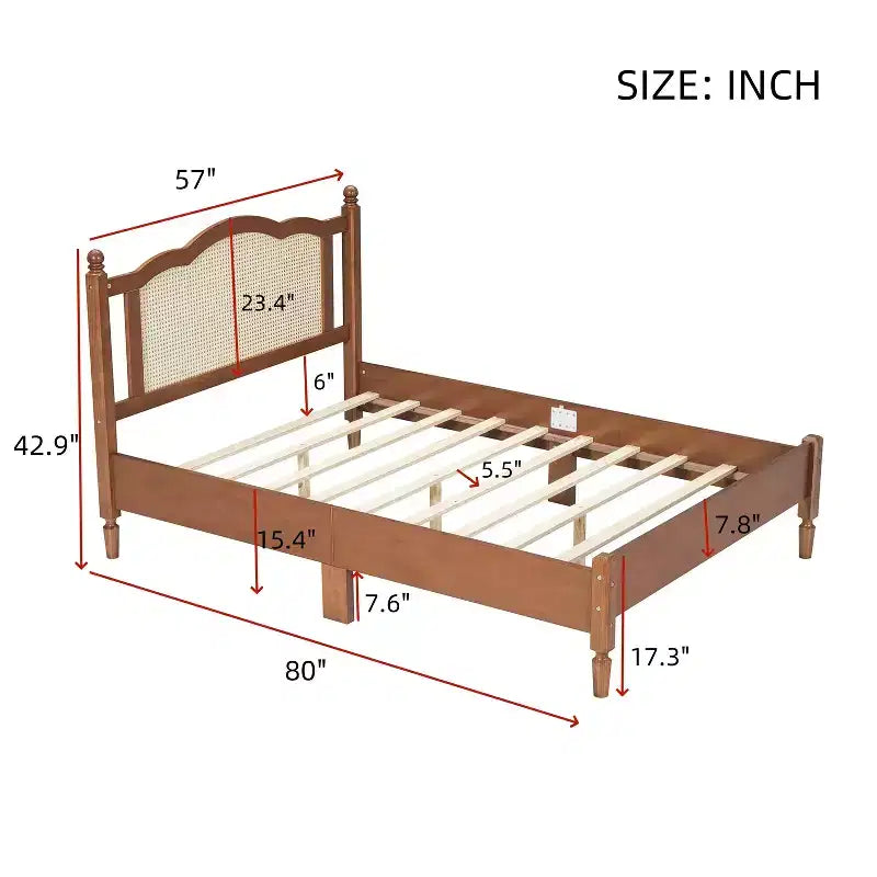 Letto a piattaforma matrimoniale in legno con testiera in rattan naturale, struttura del letto vintage con doghe in legno, noce
