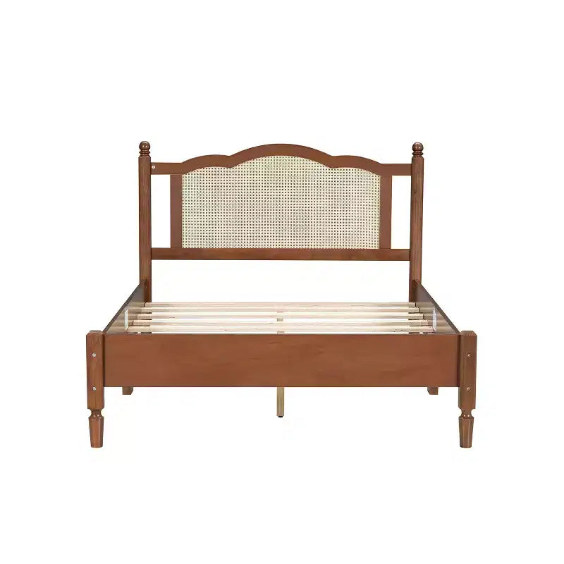 Letto a piattaforma matrimoniale in legno con testiera in rattan naturale, struttura del letto vintage con doghe in legno, noce