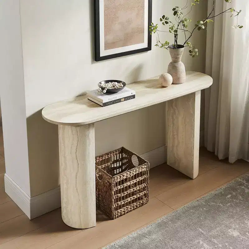 Consolle Moderna Tavolino d'Ingresso Divano Tavolino Laterale Tavolino d'Appoggio Minimalista con Bordo Arrotondato e Motivo Effetto Marmo MARS
