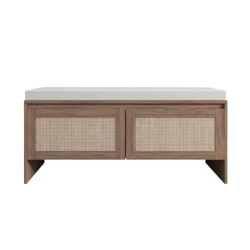 Panca Contenitore in PP Rattan con Cuscino: Scarpiera a 2 Ante, Sedile da Ingresso Moderno di Metà Secolo per Corridoio, Camera da Letto, Sala Fango - Finitura Naturale