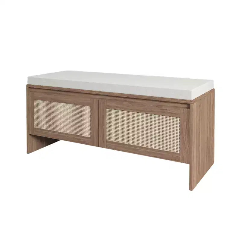 Panca Contenitore in PP Rattan con Cuscino: Scarpiera a 2 Ante, Sedile da Ingresso Moderno di Metà Secolo per Corridoio, Camera da Letto, Sala Fango - Finitura Naturale