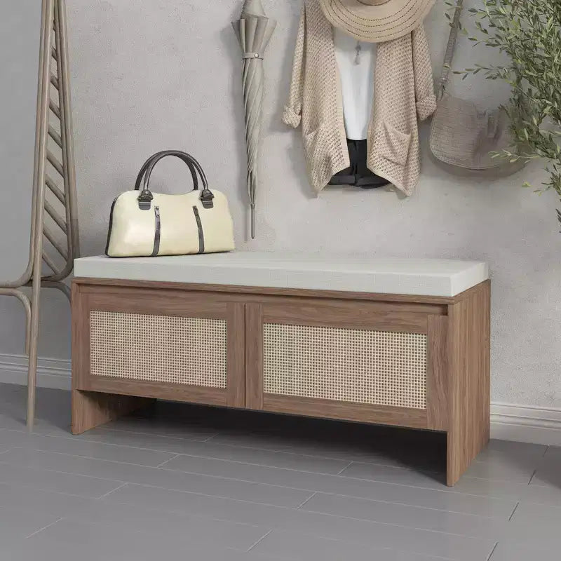Panca Contenitore in PP Rattan con Cuscino: Scarpiera a 2 Ante, Sedile da Ingresso Moderno di Metà Secolo per Corridoio, Camera da Letto, Sala Fango - Finitura Naturale