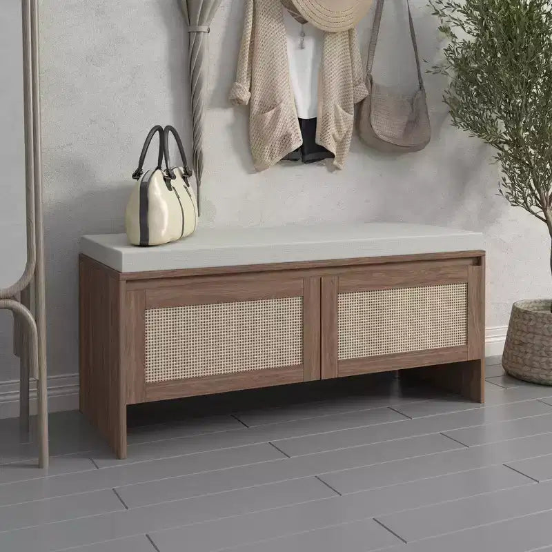 Panca Contenitore in PP Rattan con Cuscino: Scarpiera a 2 Ante, Sedile da Ingresso Moderno di Metà Secolo per Corridoio, Camera da Letto, Sala Fango - Finitura Naturale