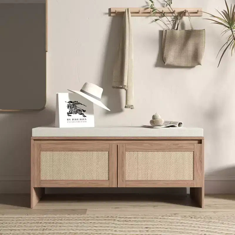 Panca Contenitore in PP Rattan con Cuscino: Scarpiera a 2 Ante, Sedile da Ingresso Moderno di Metà Secolo per Corridoio, Camera da Letto, Sala Fango - Finitura Naturale